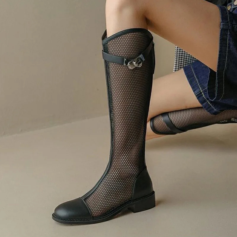 Summer Women Knee-high Mesh Bota mouth Breathable Net Knight Boots Thick Bottom Hollow Shoes Chunky Low Heel Femininos 240607