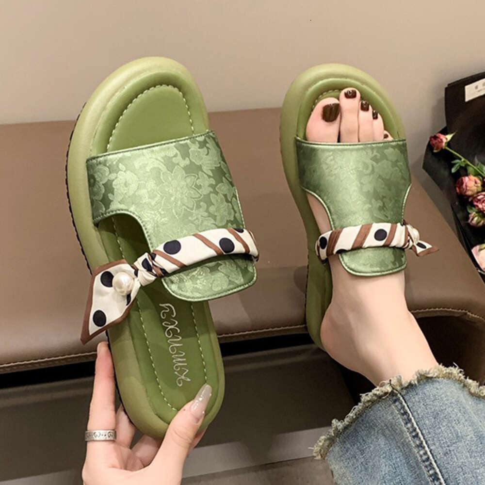 Women Flat Open Toe Scarf Pearl Decoration Comfortable Soft Sole Slippers 2024 Summer Thick Soled Sandals Chinese Style af1d8