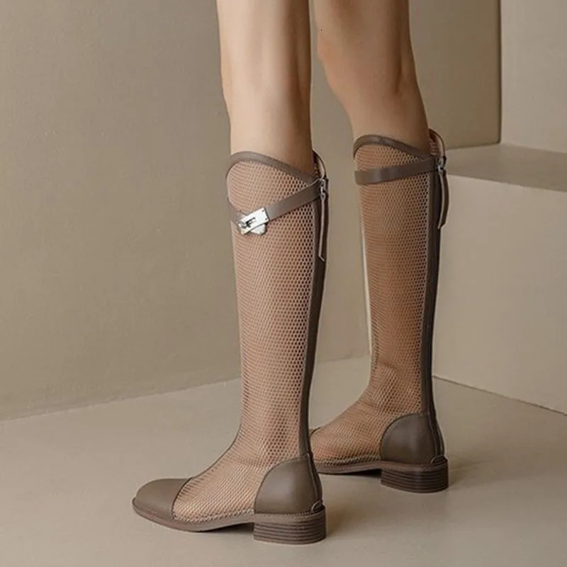 Summer Women Knee-high Mesh Bota mouth Breathable Net Knight Boots Thick Bottom Hollow Shoes Chunky Low Heel Femininos 240607