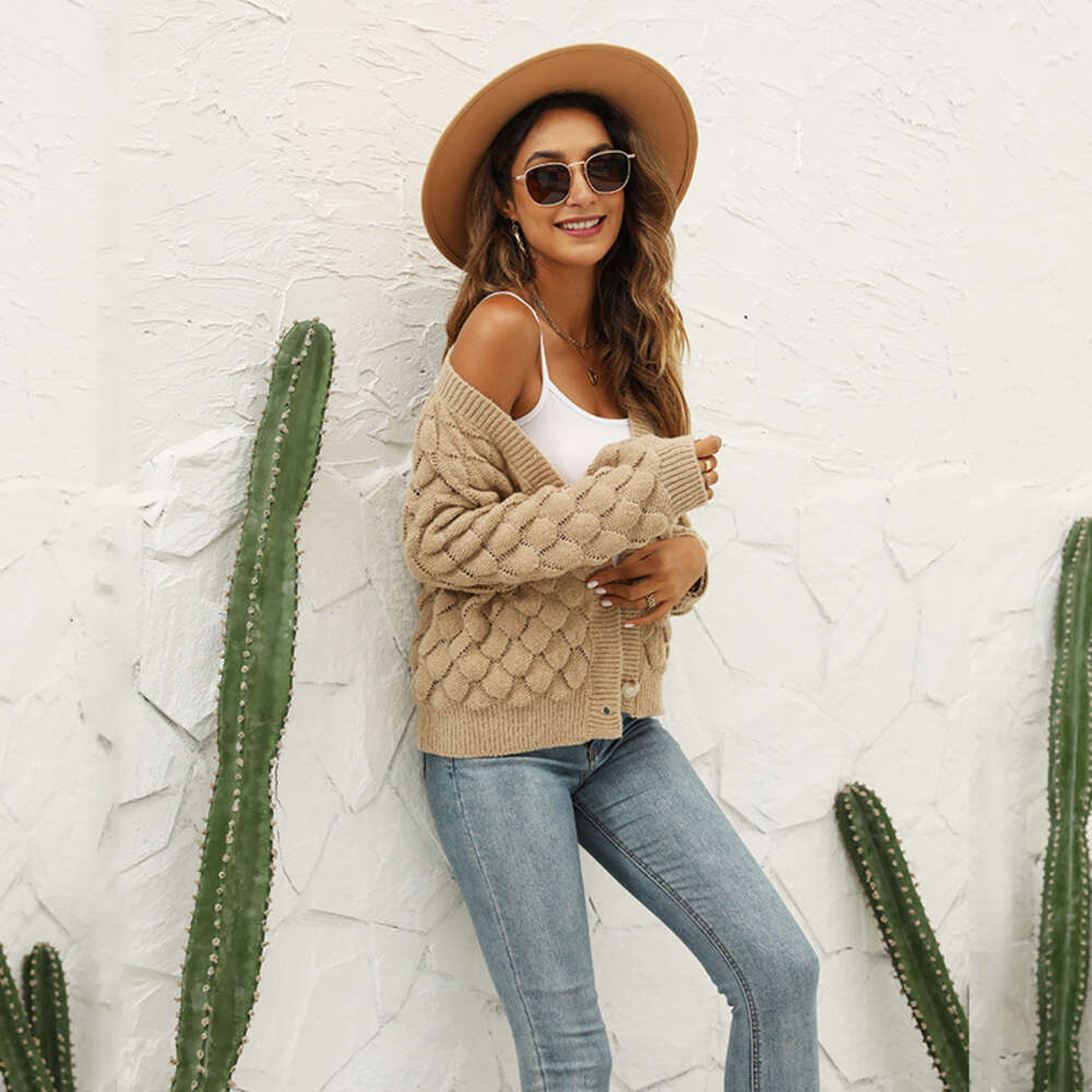 Autumn / Winter 24ss Solid Color V-neck Jacquard Knit Cardigan Wool Knit Top Button Slim Fit Over Sweater