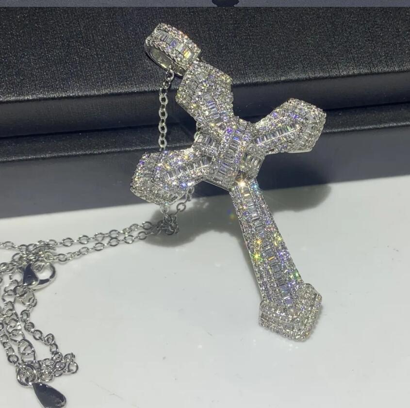 Rulalei Vintage Gorgeous Big Cross Pendant 5A Cubic Zircon CZ Diamond 925 Sterling silver Cross Pendant Necklace for Women Men Party Wedding jewelry G