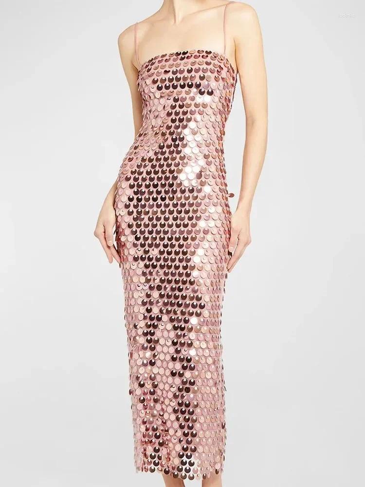 Casual Dresses Sequin Color Contrast Evening Dress For Ladies Sexy Backless Halter Off Shoulder Bodycon Midi Female Chic Party Vestido