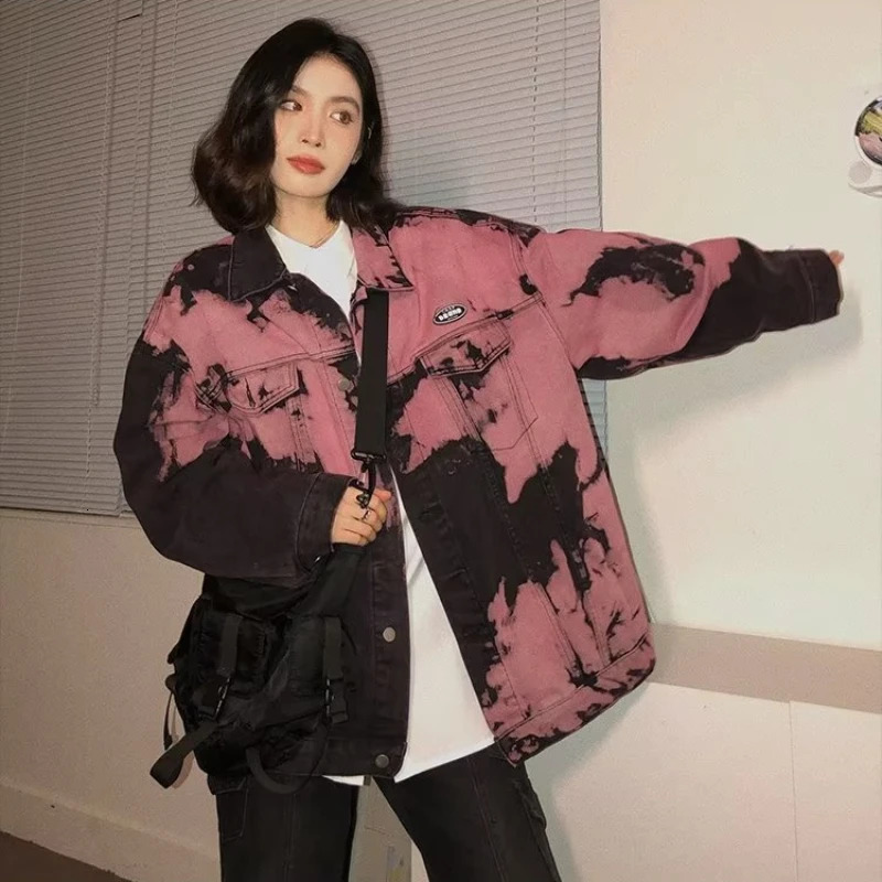 Harajuku Tie Dye Denim Jacket Men Women Loose Harajuku Bomber Outwear Couple Autumn Y2k Vintage Cowboy Coat Spring Autumn 240530