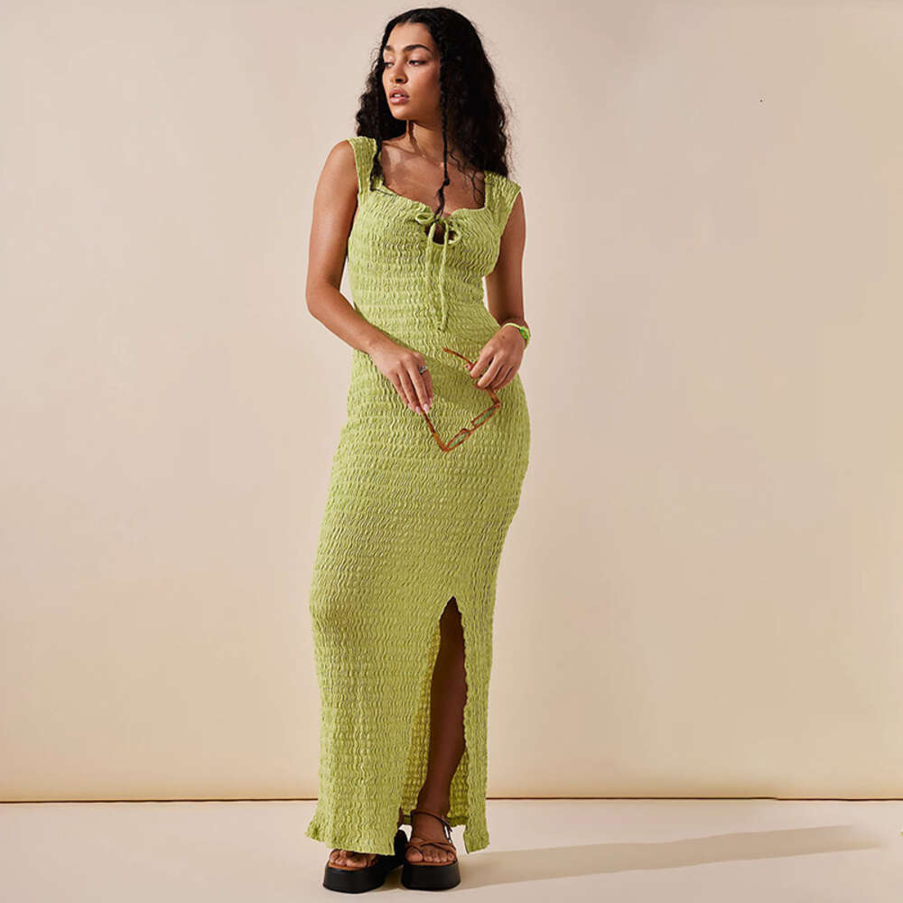 Autumn New Product Sexy Low cut V-neck Hollow Back Hanging Neck Lace up Mid length Split Dress for Women