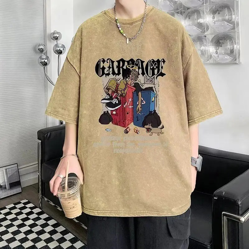 American Retro Washed and Worn Out Heavyweight Short Sleeved T-shirt Trendy High Street Men Summer Half Sleeved Top Clothes 240530