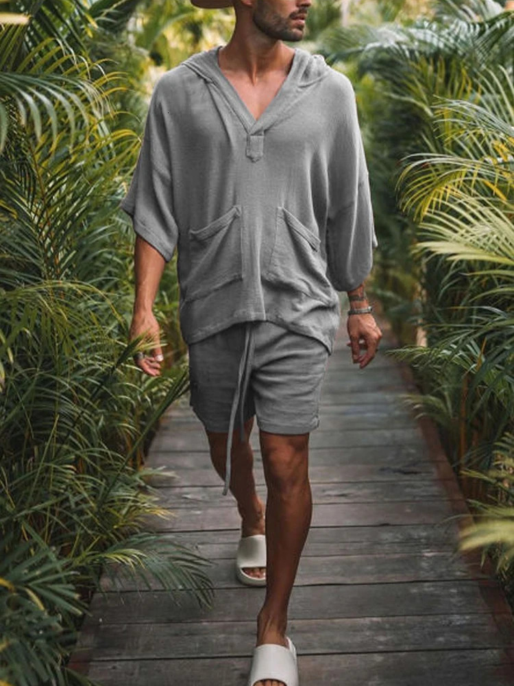 Fashion Men Two Piece Set Casual Cotton Linen Solid Loose Outfits Summer Half Sleeve V-Neck T-Shirt And Shorts Suits For Mens 240530