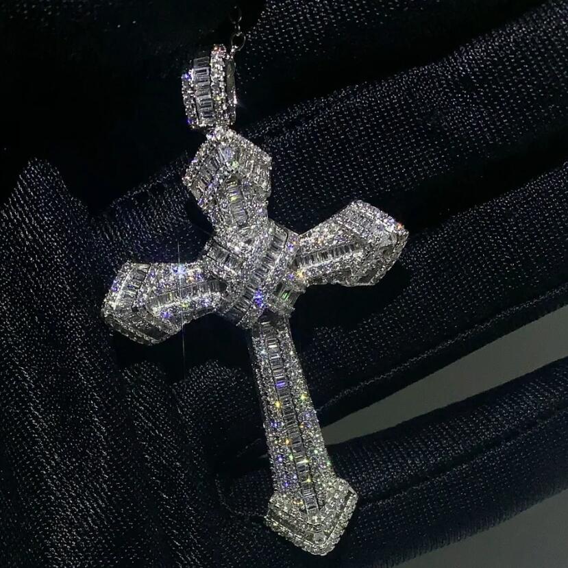 Rulalei Vintage Gorgeous Big Cross Pendant 5A Cubic Zircon CZ Diamond 925 Sterling silver Cross Pendant Necklace for Women Men Party Wedding jewelry G