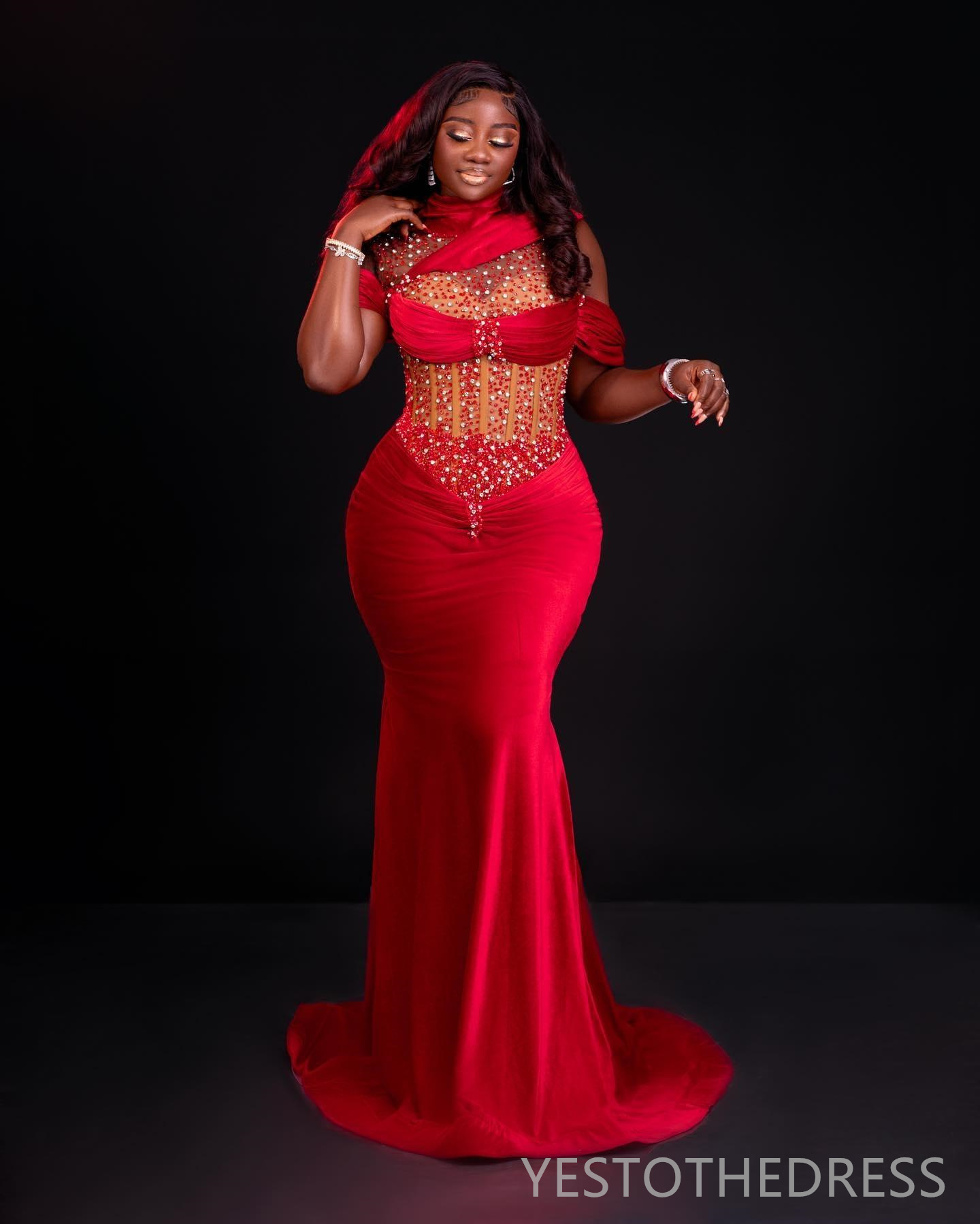 R&W 2024 Red Prom for Black Women Mermaid Promdress High Neck Long Sleeves Veet Illusion Evening Dresses Beaded Birthday Dress Second Reception Gowns 