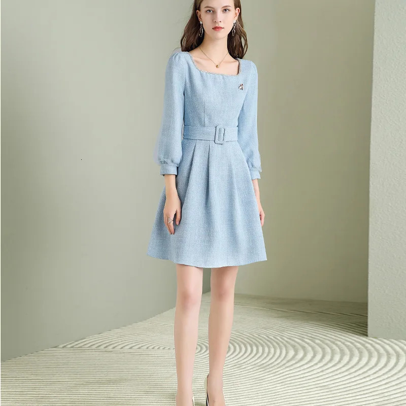 EVNISI Women Diamonds Shiny Bee Brooch Dresses Square Collar Elegant Solid Tweed Dress For Women Casual Office Lady Vestidos 240529