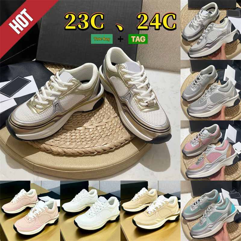 Running shoes for women 23C 24C Interlocking C Laminate Fabric Runner Sneakers light pink White Gold Grey Mint Silver womens designer trainers luxury sports sneaker