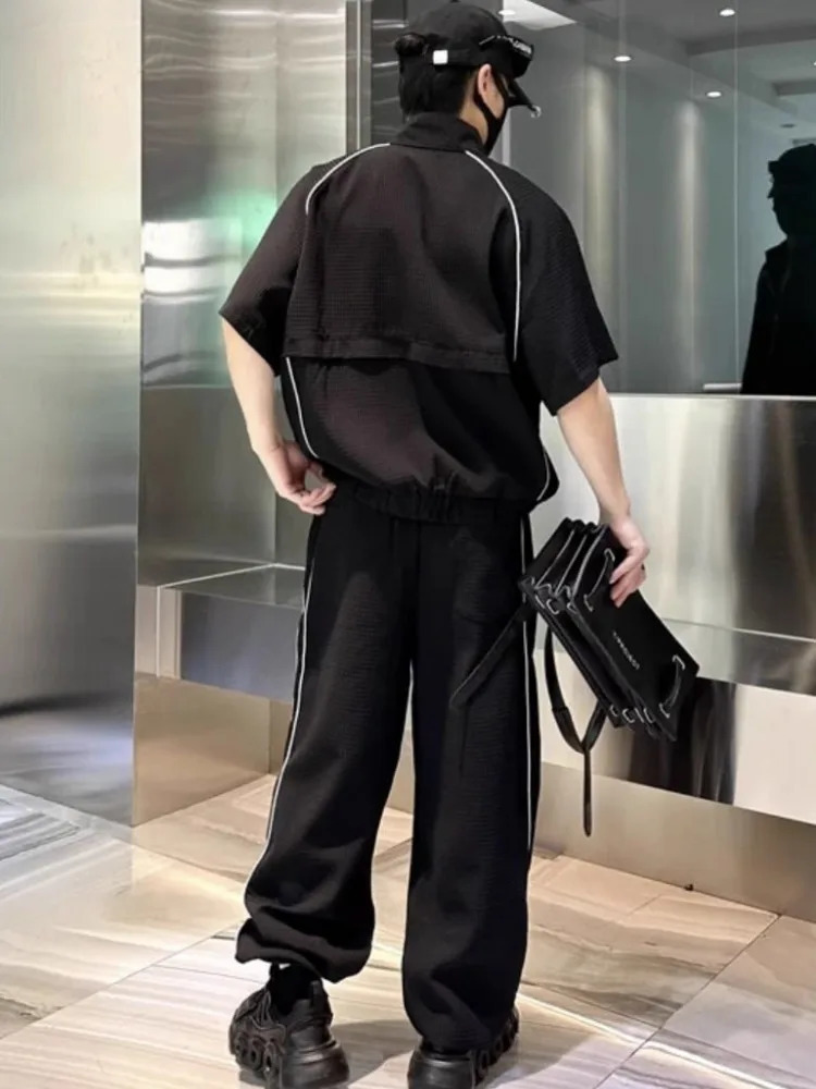 Summer Mens Casual Joggers Tracksuit Loose Fit Zipper Short Sleeve Tops Long Pants Two Piece Set Side Striped Matching Sets 240530