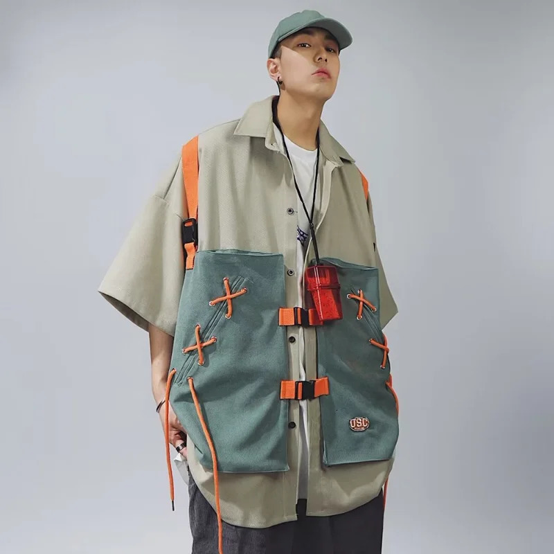 Summer Mens Oversize Set Retro Japanese Frenums Cargo ShirtCargo Shorts Fashion Half Sleeve Patchwork Two Piece Set for Unisex 240601