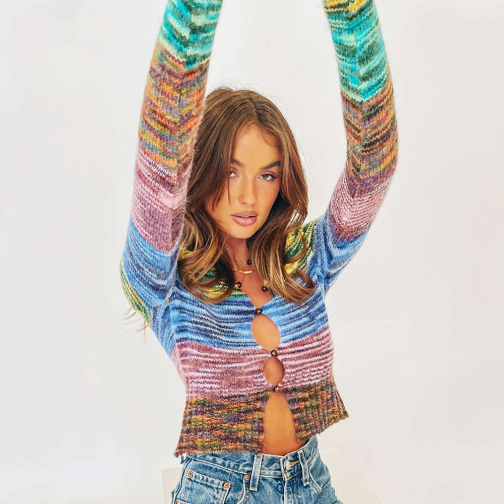 New Short Cardigan Button Up Exposed Navel Knitted Top for Womens Fashion Cute Autumn and Winter 24ss Fashion Cute Tie Dye Gradient Sweater