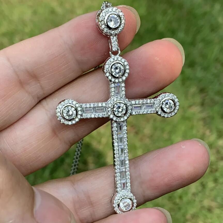 Rulalei Vintage Gorgeous Big Cross Pendant 5A Cubic Zircon CZ Diamond 925 Sterling silver Cross Pendant Necklace for Women Men Party Wedding jewelry G