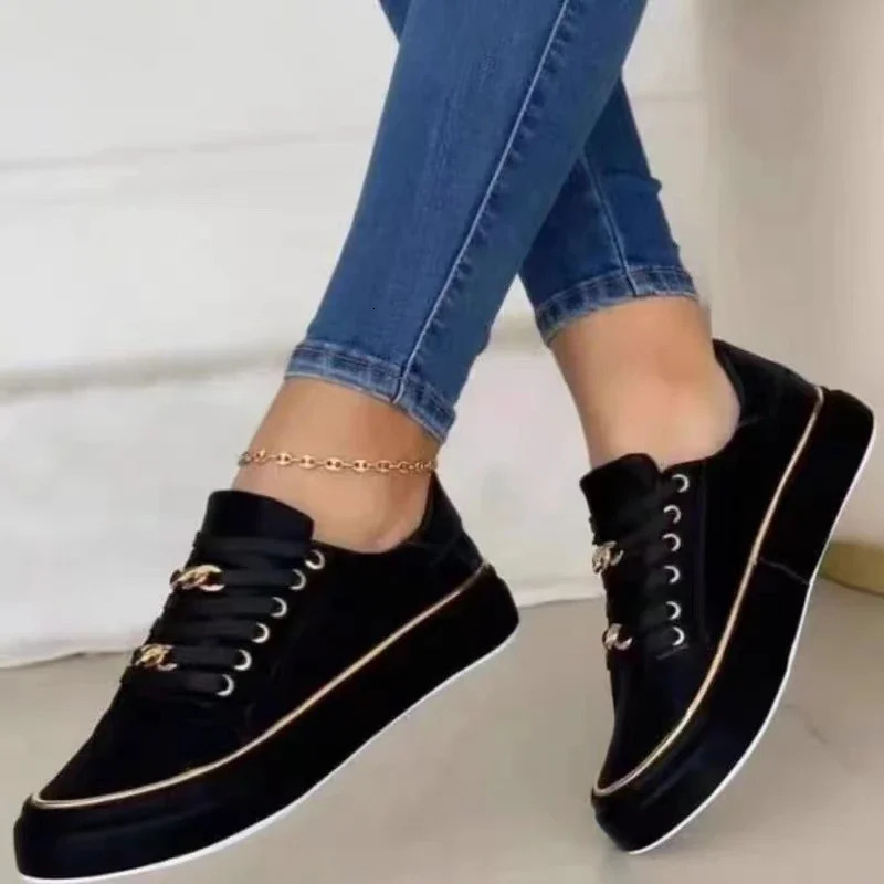 Lace-Up Walking Ladies Vulcanize Shoes Women Sneakers Fashion Chain Leather Round Head Platform Sports Shoes Zapatos Mujer 240607