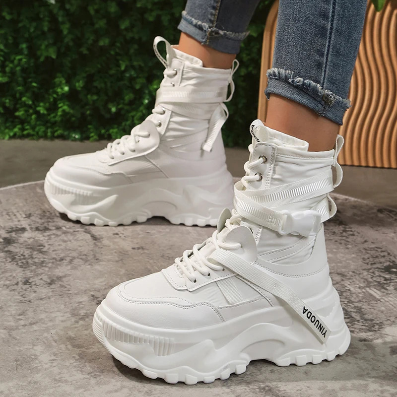 White Chunky Platform Motorcycle Boots Women Buckle Lace Up Thick Bottom Ankle Boots Woman Autumn Fashion Vulcanized Shoes 240607