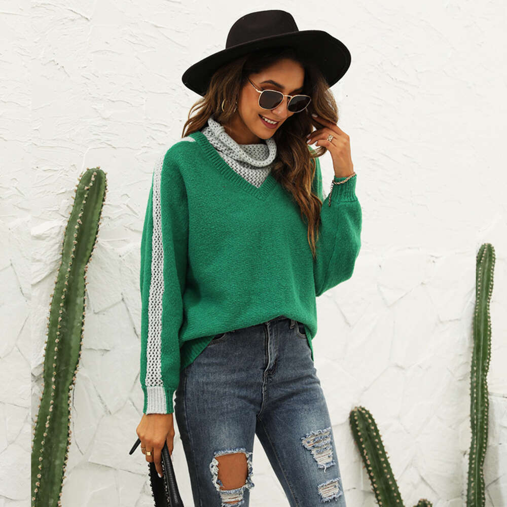Autumn and Winter 24ss New Color Blocked High Neck Pullover Sweater Fashion Versatile Loose Knit Wool Coat Women