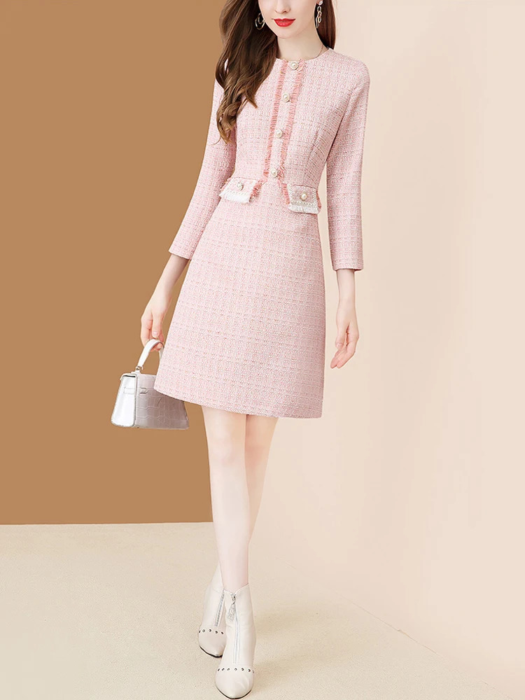 EVNISI Pink Dress For Women Tweed Patchwork Knitted Peter Pan Collar Dresses Office Lady Plaid Vestidos Autumn And Winter 240529