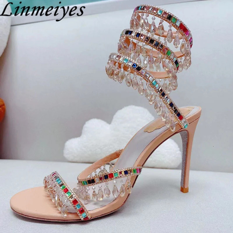 Summer High Heels Sandals Women Rhinestone String Bead Ankle Snake Twine Around Wedding Shoes Lady Gladiator Sandals Woman 240528