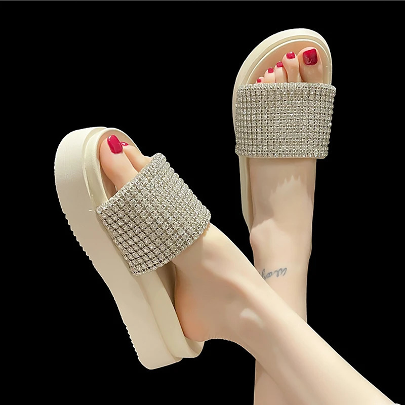 Rimocy Fashion Rhinestone Chunky Sandals Women Summer Thick Platform Wedges Slippers Woman Casual Non Slip Slide Sandals Female 240607