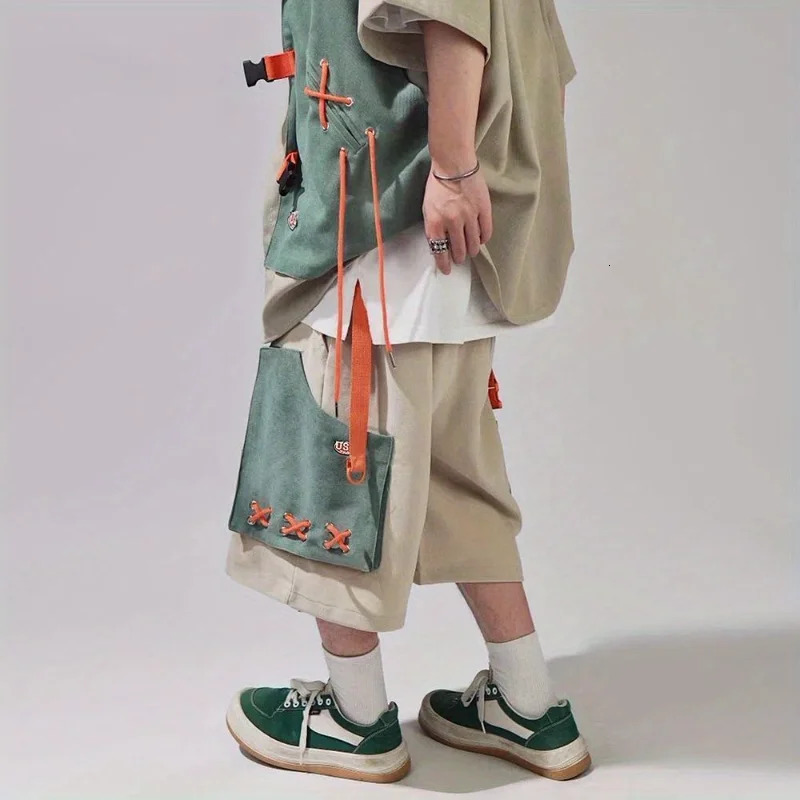 Summer Mens Oversize Set Retro Japanese Frenums Cargo ShirtCargo Shorts Fashion Half Sleeve Patchwork Two Piece Set for Unisex 240601