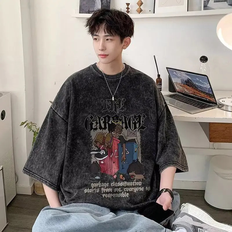 American Retro Washed and Worn Out Heavyweight Short Sleeved T-shirt Trendy High Street Men Summer Half Sleeved Top Clothes 240530