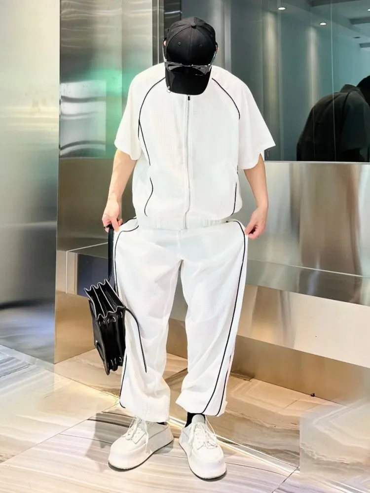 Summer Mens Casual Joggers Tracksuit Loose Fit Zipper Short Sleeve Tops Long Pants Two Piece Set Side Striped Matching Sets 240530
