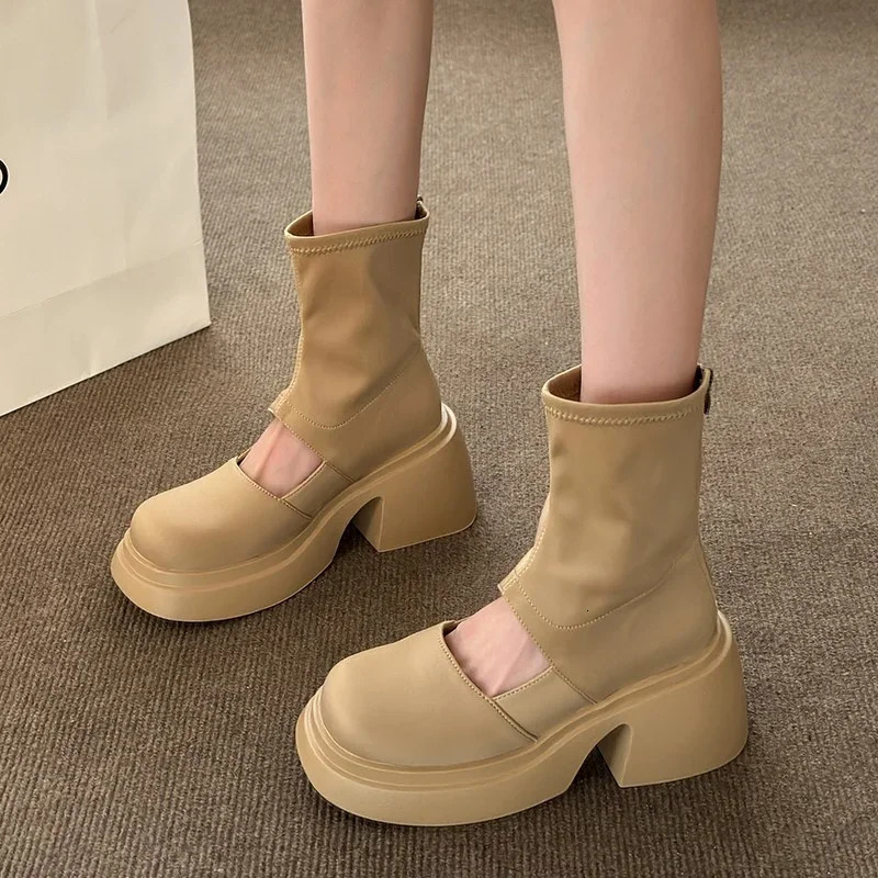 New Summer Womens Cool Boots Simple Leather Zipper Gothic Mid Boots Fashion Black Casual Party High-heeled Womens Boots 240607