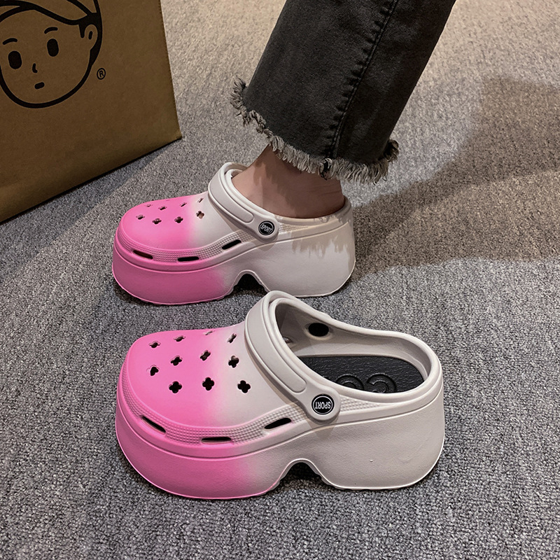 New 2024 Summer Color Outwear Blocked Thick Sole Two Beach Headband Cool Slippers Anti slip and Wear Resistant Ultra High Heel Hole Shoes for Women Lh