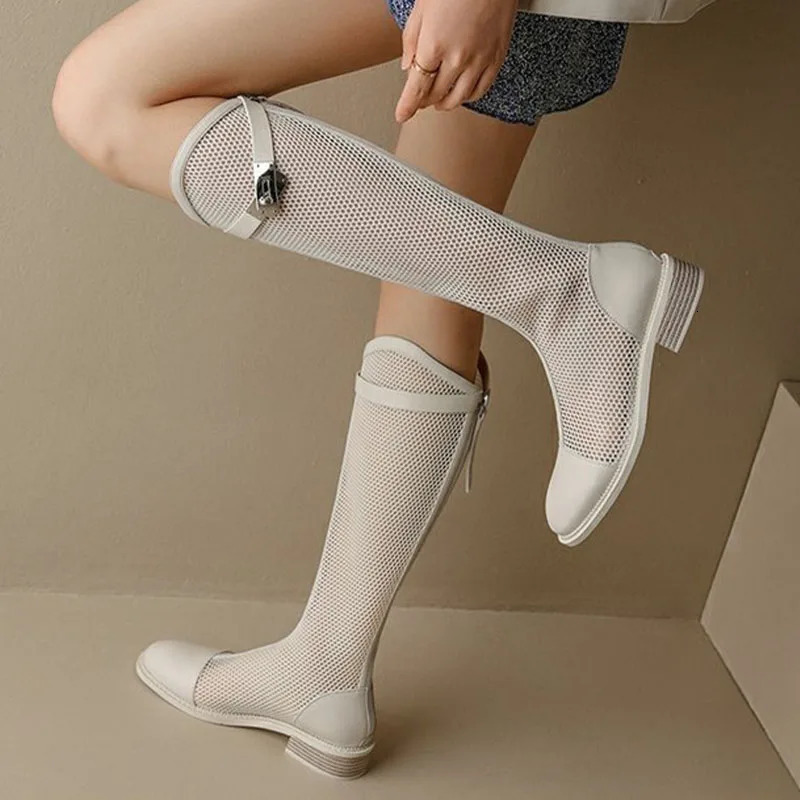 Summer Women Knee-high Mesh Bota mouth Breathable Net Knight Boots Thick Bottom Hollow Shoes Chunky Low Heel Femininos 240607