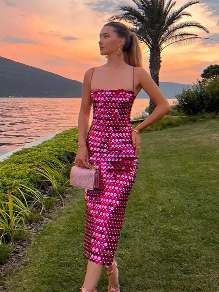 Casual Dresses Sequin Color Contrast Evening Dress For Ladies Sexy Backless Halter Off Shoulder Bodycon Midi Female Chic Party Vestido