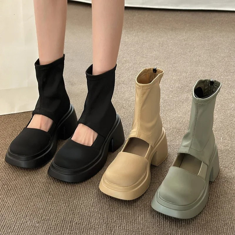 New Summer Womens Cool Boots Simple Leather Zipper Gothic Mid Boots Fashion Black Casual Party High-heeled Womens Boots 240607