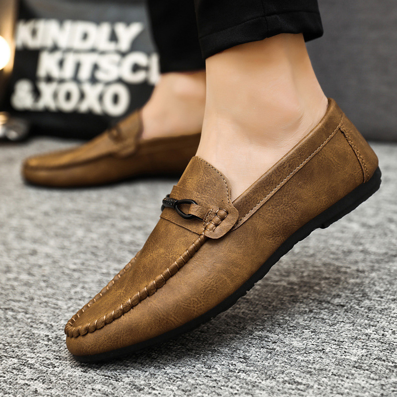 Brown Summer New Loafers Korean Version Of A Slip-On Lazy Breathable Driving Men's Casual Leather Shoes Men Soft Sole