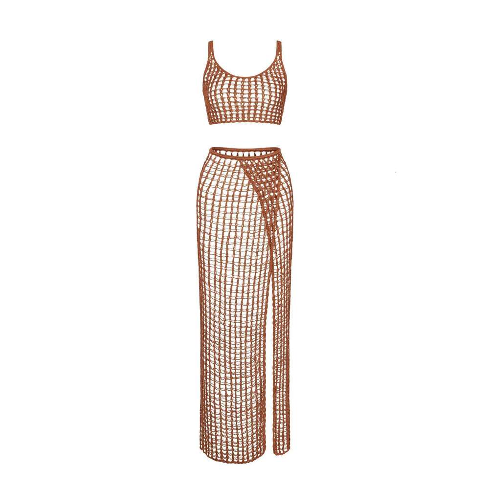 Womens hollowed out short style exposed navel knitted sweater vest with slit sexy perspective beach long skirt knitted set