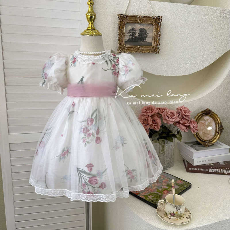 Girl's Dresses Girl's Dress 2024 Summer New Little Girl Super Immortal Mesh Lace Dress Tidal Bubble Sleeves Princess Dress