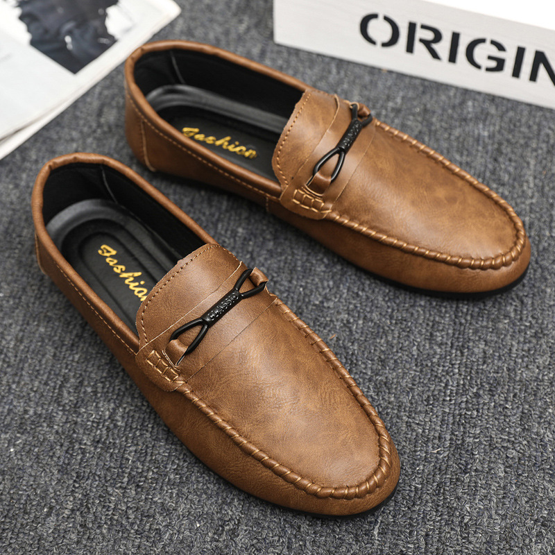 Brown Summer New Loafers Korean Version Of A Slip-On Lazy Breathable Driving Men's Casual Leather Shoes Men Soft Sole