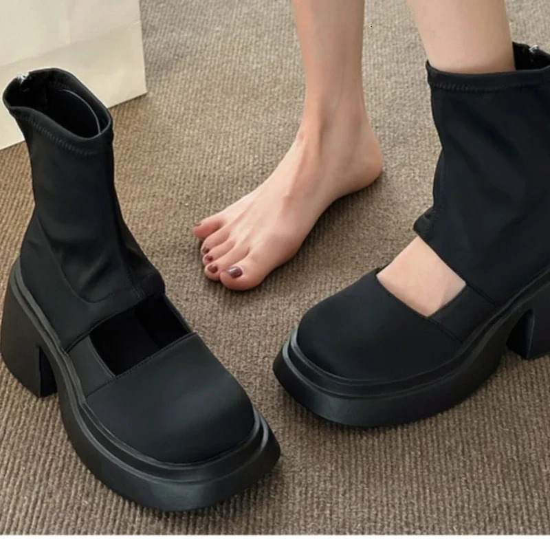 New Summer Womens Cool Boots Simple Leather Zipper Gothic Mid Boots Fashion Black Casual Party High-heeled Womens Boots 240607