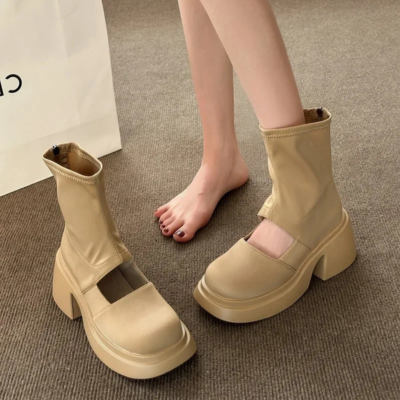 New Summer Womens Cool Boots Simple Leather Zipper Gothic Mid Boots Fashion Black Casual Party High-heeled Womens Boots 240607