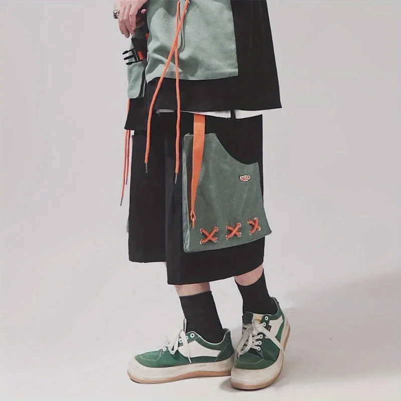 Summer Mens Oversize Set Retro Japanese Frenums Cargo ShirtCargo Shorts Fashion Half Sleeve Patchwork Two Piece Set for Unisex 240601