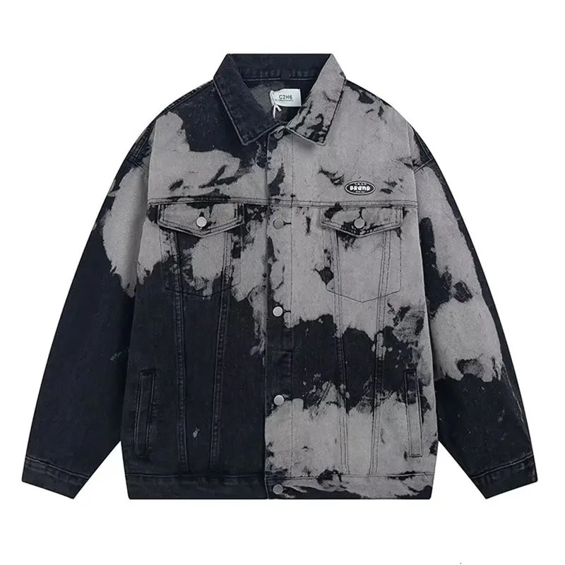 Harajuku Tie Dye Denim Jacket Men Women Loose Harajuku Bomber Outwear Couple Autumn Y2k Vintage Cowboy Coat Spring Autumn 240530