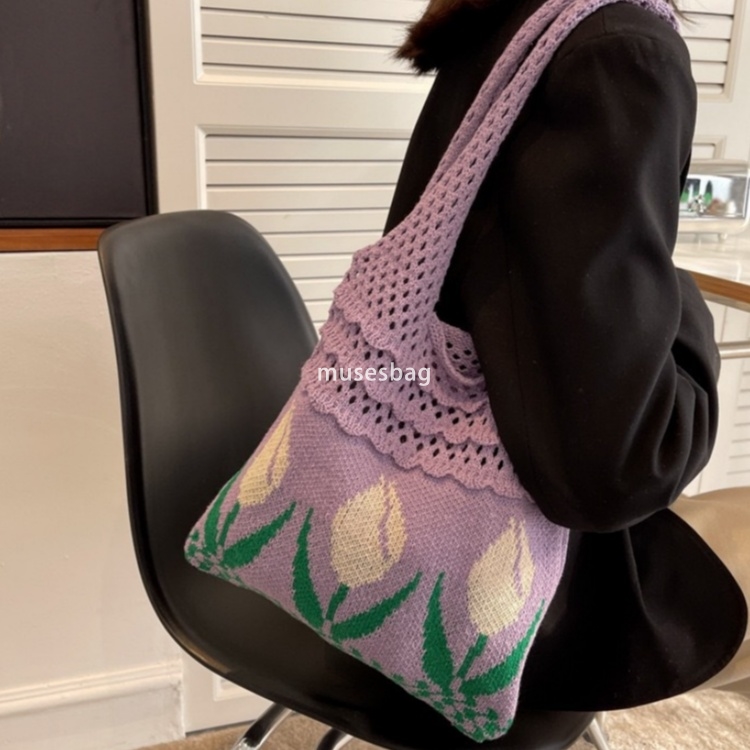 New high-quality knitted bag woven bag shoulder bag Japanese and Korean tote bag bohemian tulip flower bag women bag