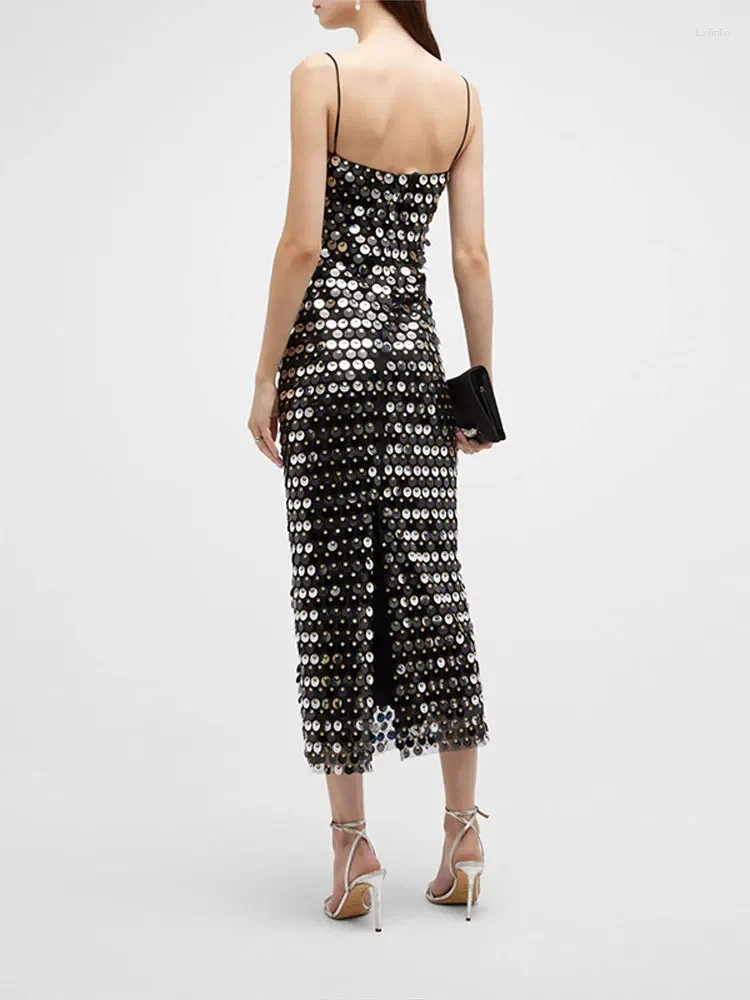 Casual Dresses Sequin Color Contrast Evening Dress For Ladies Sexy Backless Halter Off Shoulder Bodycon Midi Female Chic Party Vestido