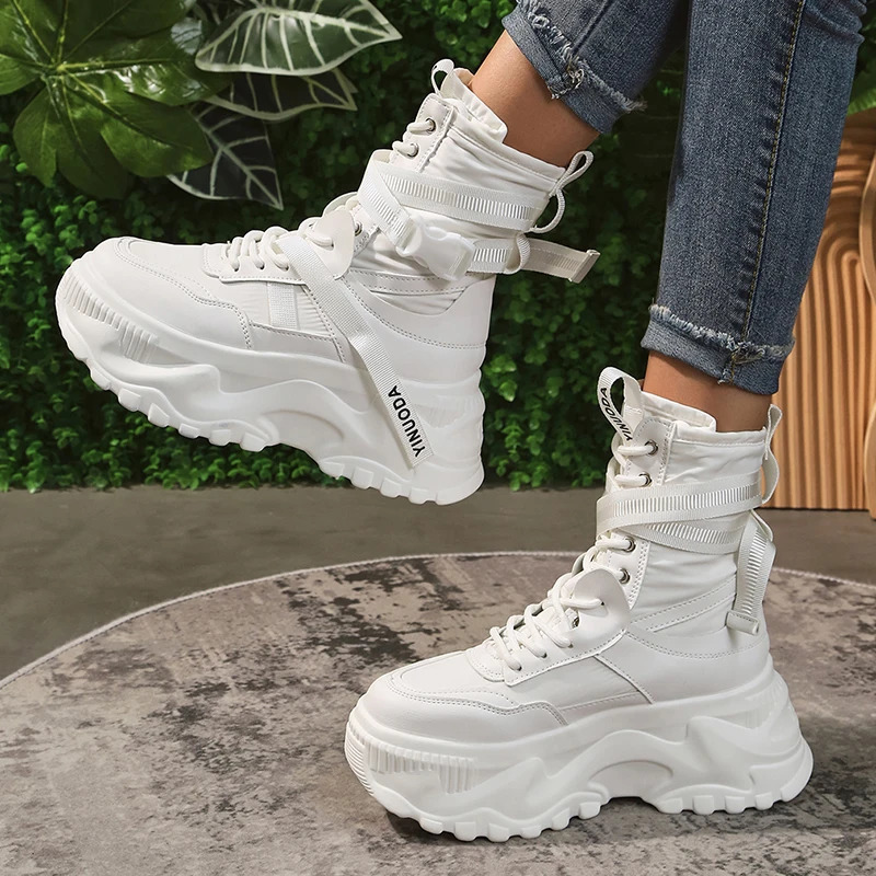 White Chunky Platform Motorcycle Boots Women Buckle Lace Up Thick Bottom Ankle Boots Woman Autumn Fashion Vulcanized Shoes 240607
