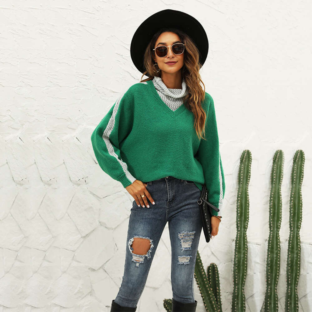 Autumn and Winter 24ss New Color Blocked High Neck Pullover Sweater Fashion Versatile Loose Knit Wool Coat Women