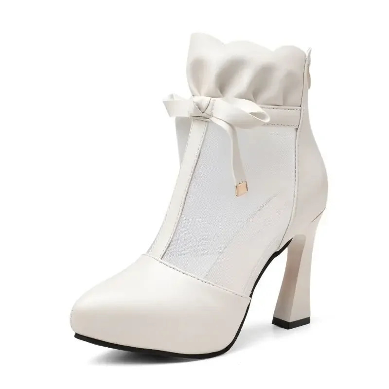 Summer Short Boots Woman High Heels Mesh Platforms ShoesSquare SandalsHollow OutFemale FootwareBEIGEBlackDrop 240607