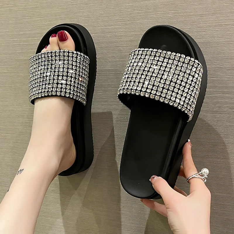 Rimocy Fashion Rhinestone Chunky Sandals Women Summer Thick Platform Wedges Slippers Woman Casual Non Slip Slide Sandals Female 240607