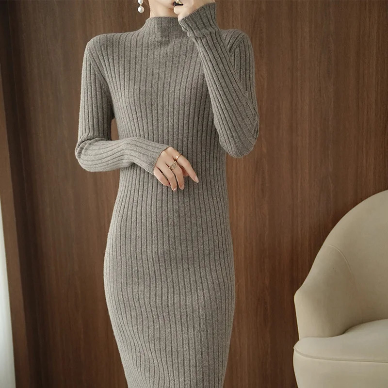 Premium Ladies Cashmere Dress Long Sleeve Knit Solid Color Half Turtleneck Womens Cashmere Dress Sweater 240529