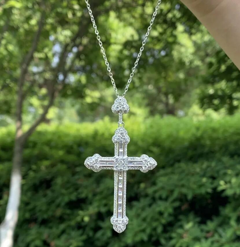 Rulalei Vintage Gorgeous Big Cross Pendant 5A Cubic Zircon CZ Diamond 925 Sterling silver Cross Pendant Necklace for Women Men Party Wedding jewelry G