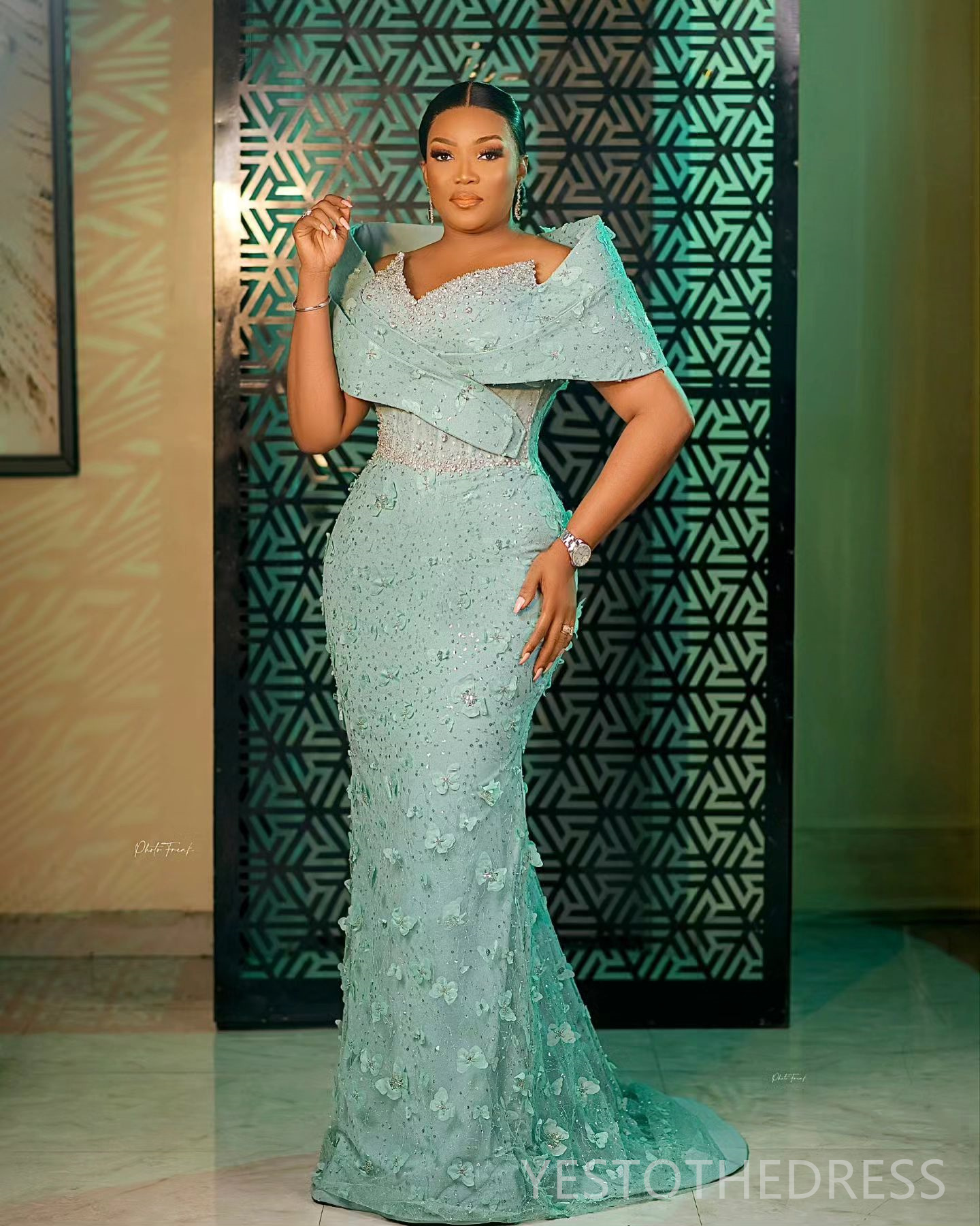 2024 Mint Plus Size Prom Dress Mermaid Promdress Evening Formal Gowns Portrait Beaded Rhinestones Crystals 3D Flowers Lace Birthday Dress Anniversary 