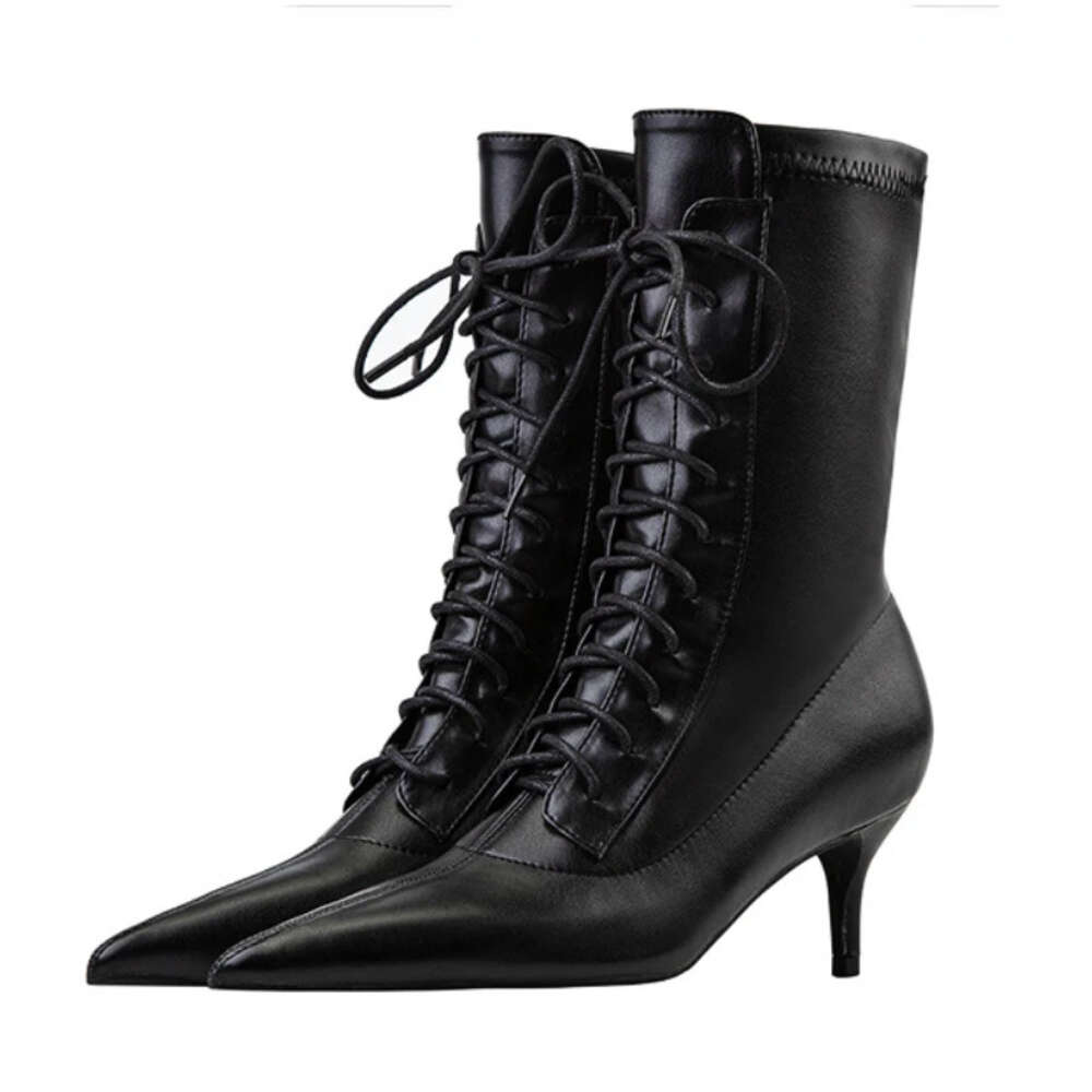 Lace Up Leathers Black Ankle Boots Pointed Toe Fashion Brand Designer Short Boot Fine Heel Sexy Fall Winter High Heels